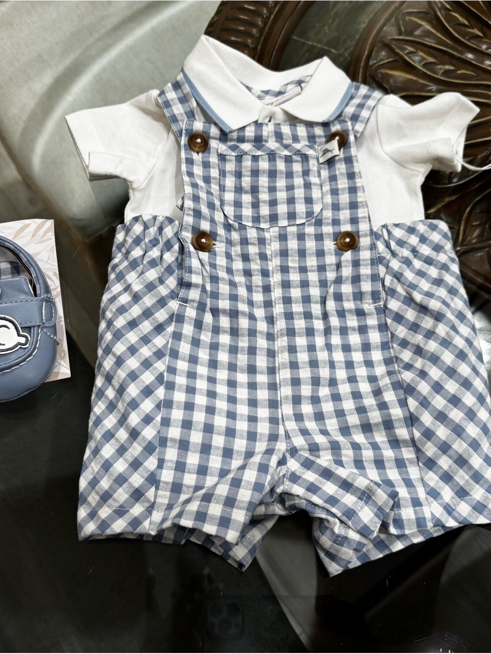 Tommy Bahama Blue & White Gingham Romper with Collar and shoes